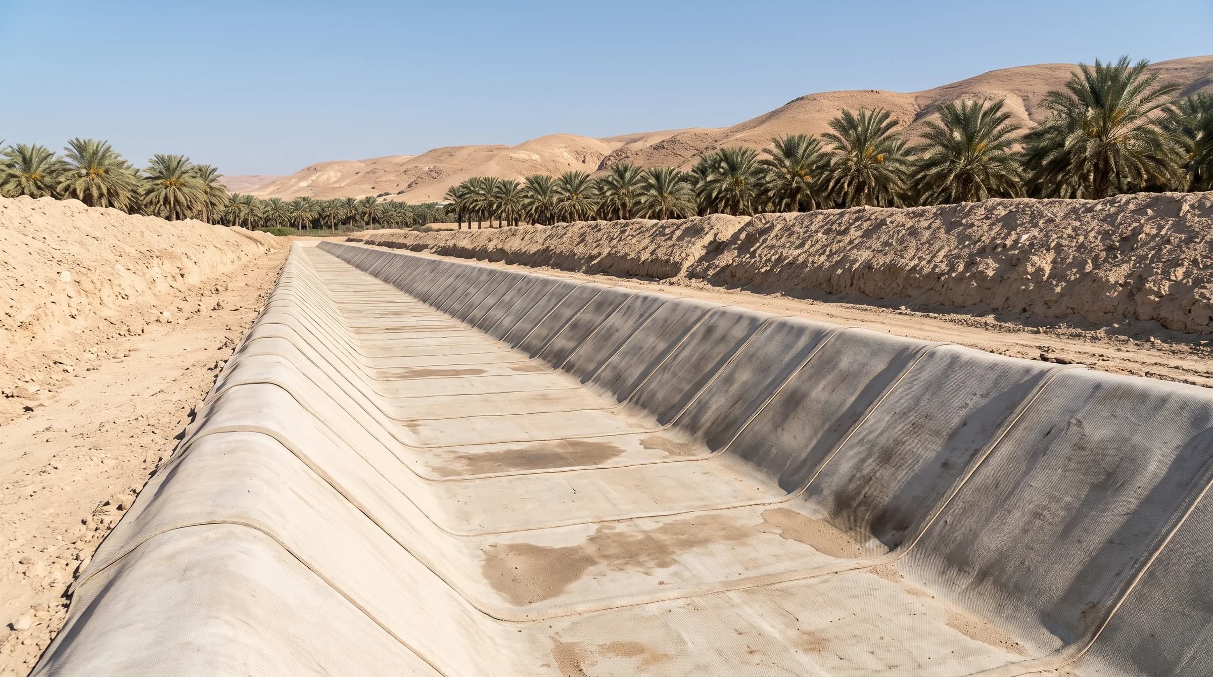 תעלת השקיה מדופנת ב-PENNCRETE לאחר התקשות, עם קווי החפיפה בין היריעות