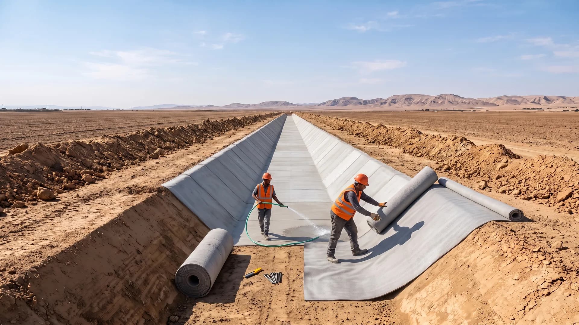 דיפון אותה תעלה ב-PENNCRETE: שני פועלים בלבד, אחד פורס גליל במורד הדופן והשני מרטיב אותו בצינור, ללא מערבלים, משאבות או טפסות