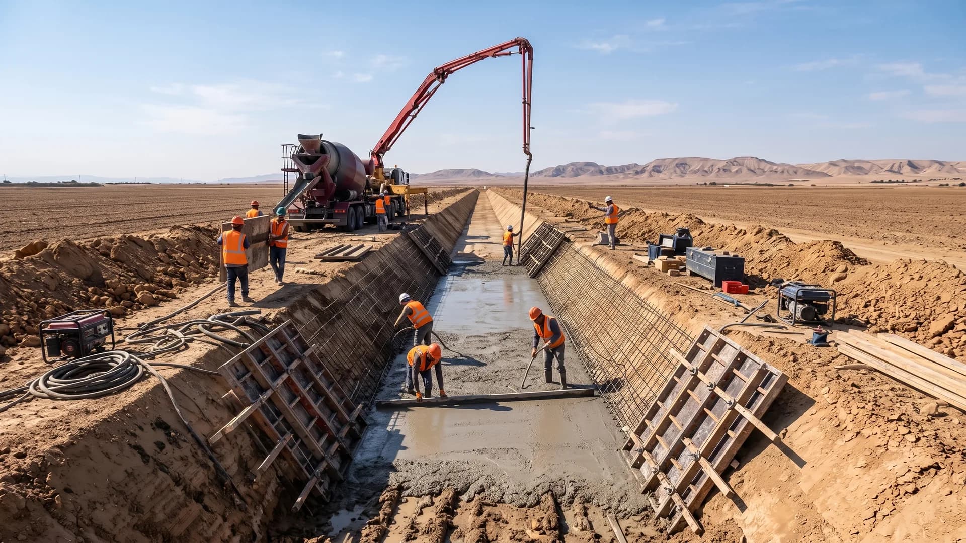 דיפון תעלה ביציקת בטון מסורתית: מערבל בטון ומשאבת זרוע על הגדה, טפסות וברזל לאורך הדפנות, גנרטורים וצנרת, וצוות של שישה פועלים היוצק ומחליק בטון רטוב