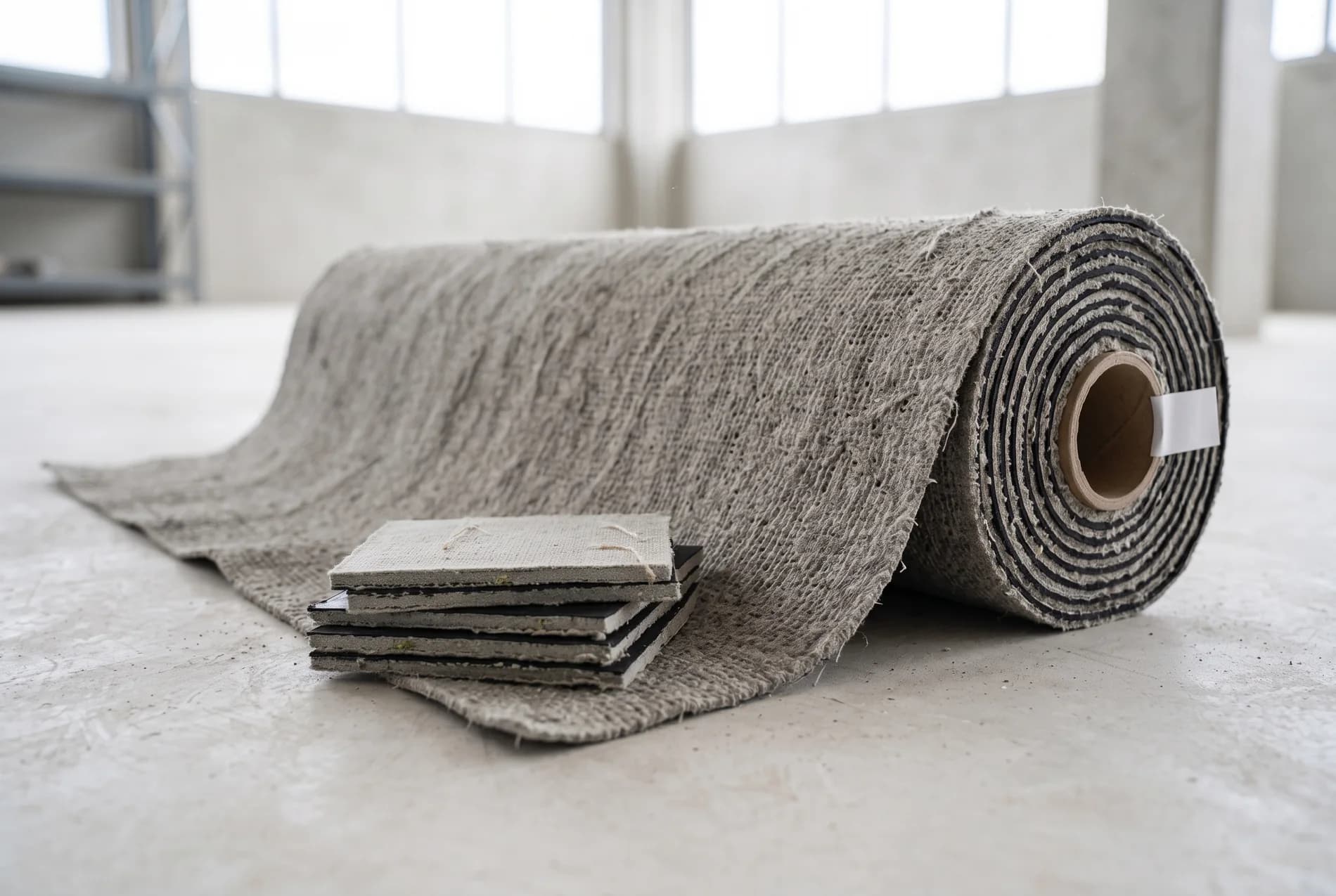 גליל PENNCRETE פרוס חלקית, עם מרקם הבד הגס וחתכי דוגמה שבהם נראות שלוש השכבות